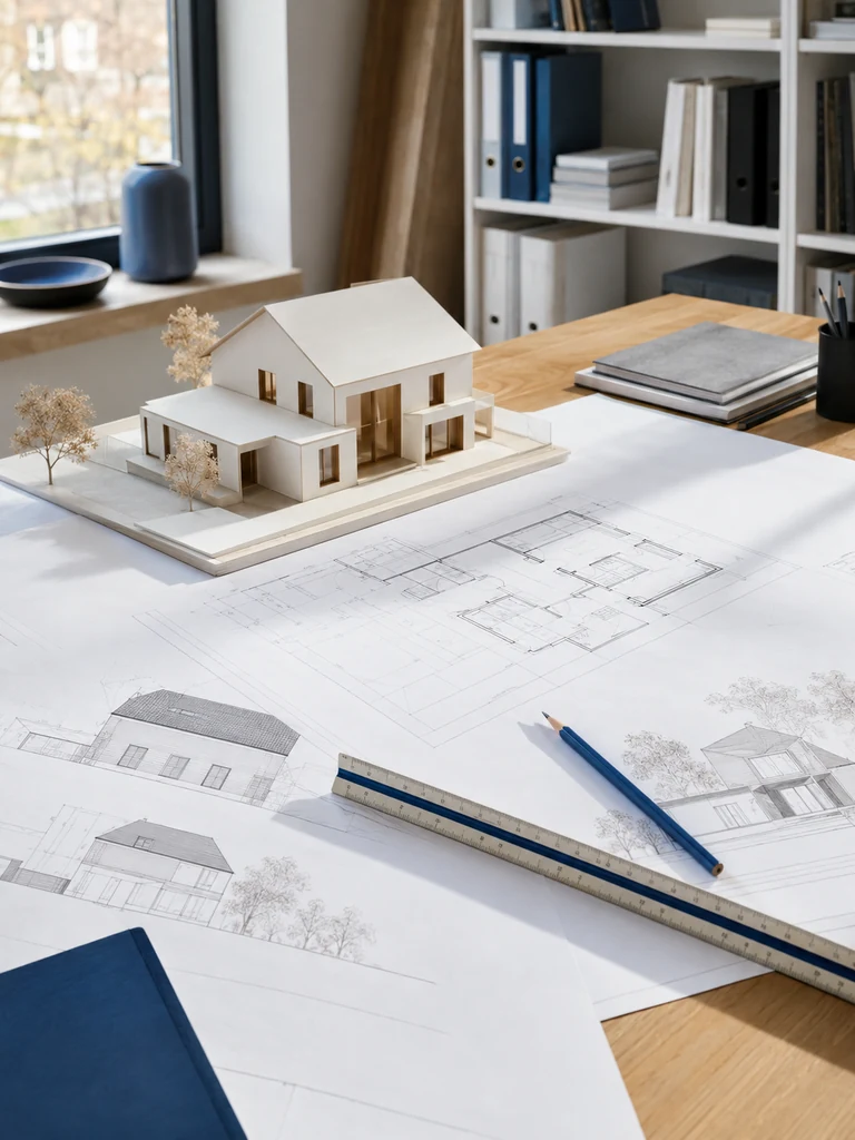 Architekturarbeitsplatz mit Bauplänen, Maßstab und Modell eines Einfamilienhauses