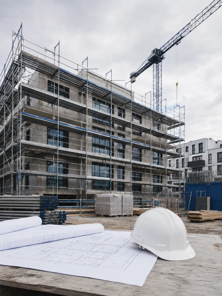 Baustelle eines Mehrfamilienhauses mit Gerüst und Kran, davor Baupläne und Schutzhelm