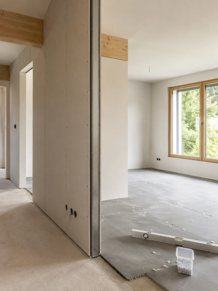 Innenausbau einer Wohnung: Trockenbauwand und großformatige Bodenfliesen werden verlegt